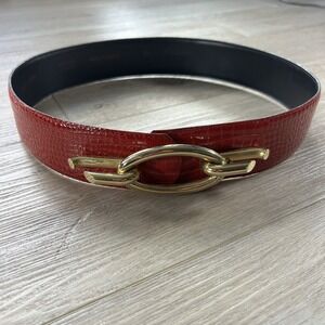 VTG 90s Avignon M Red Croc Embossed Leather Gold Buckle Statement Made in France